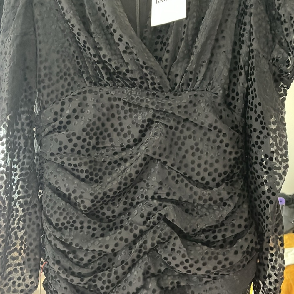 GORGEOUS‎ Bardot Bree Mini Dress Metallic Black Dot Size Medium NWT - Picture 9 of 11